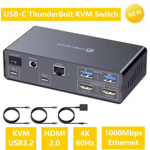 USB C KVM Switch 2 Monitors 2 Computers 4K60Hz HDMI KVM Docking Station 10Gbps USB 3.2 Ports Dual Mo