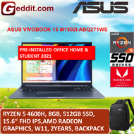 ASUS VIVOBOOK 15 M1502I-ABQ271WS LAPTOP (RYZEN 5 4600H,8GB,512GB SSD,15.6" FHD,RADEON GRAPHICS,WIN11) FREE BACKPACK + PRE-INSTALLED OFFICE H&amp;S