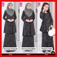 Raya 2024 Dhia Cotton Ironless Set 356 Black Baju Kurung Fatimah Raudhah Peplum Kids Sedondon Ibu Dan Anak