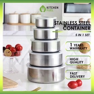 KF_ 5 in 1 304 Stainless Steel Container Food Storage Lunch Box Silver Bowl Covered Lid Kotak Bekas 