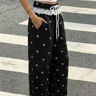 DODOMI Women's Lace Trim Drawstring Bow Tie Printed Black Wide Leg Pants
