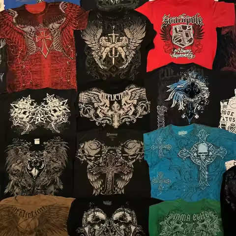 Y2K Vintage Gothic Skull Wing Cross Graphic‑T‑Shirt Men Streetwear Flea Market Grunge Oversized Shor