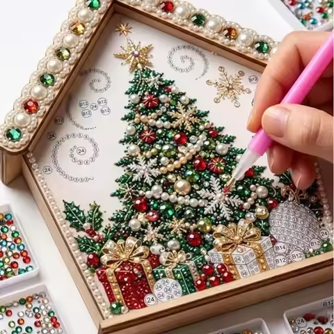 Diamond Painting Christmas DIY Pearl Craft Kit Christmas Cottage Diamond Painting Set Wooden Pearl A