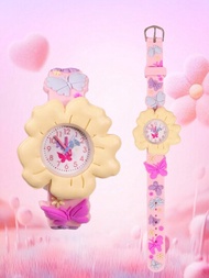1只全新的粉色矽膠表帶卡通蝴蝶紋石英手錶,適合兒童日常裝飾