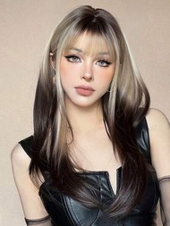 26英寸黑色金色合成假髮,cosplay女用長直層狀假髮帶劉海,耐高溫假髮