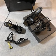 High Version SAINT LAURENT/YSL Strappy Sandals Black High Heels Letter Heel Open Toe Strappy Sexy On