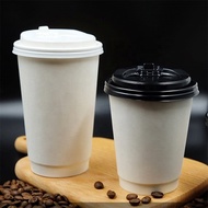 500pcs】Double Wall Coffee Cup (8oz 12oz 16oz) With Lid Cover Disposable Coffee Mug Cup