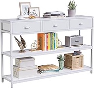 White Long 47" Console Sofa Table with 3 Drawers, Entryway Table with 3-Tier Storage Shelves, Industrial Display Shelf for Entry Way, Hallway, Couch, Living Room, Kitchen, Foyer