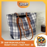 iHOME 1428 Grid Design Canvas Shoulder Tote Bag Big Capacity Wanita Kapasiti Besar Beg Kanvas
