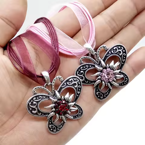 New Vintage Butterfly Necklace Jewelry Fashion Popular Retro Bohemia Style Ribbon Rope Chain Crystal