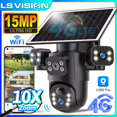 LS VISION 15MP 4G LTE Solar Camera Outdoor WiFi Security Camera 10X Digital Zoom Three Screens CCTV 