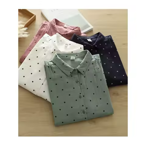 Sweet polka dots print shirt, double layers, cotton yarn, Peter Pan collar, long sleeve, casual blou