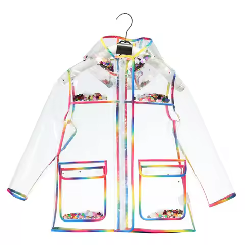 Transparent Rainbow Colorful Edge Kids Raincoat Waterproof TPU Children Windproof Rain Coat Jacket W