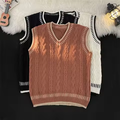 Fashion V-Neck Knitted Tanks Tops 2025 Men Solid Color Sweater Vest Male Vintage Autumn Winter Loose