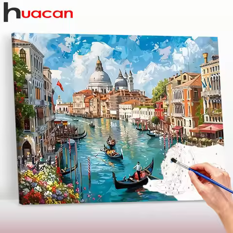 Huacan DIY Paint By Numbers City River Building Digital Oil Painting Landscape Drawing By Numbers Pa