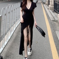 Newlan QZ074 Longdress Rib Serut Korean Long dress/terusan panjang/Dress Bodycon Maxi Dress Korea Dress/dress kasual polos casual dress serut viral /dress belah samping rayon premium / dress belah paha Short Sleeves Women Dress Midi Lengan Pendek