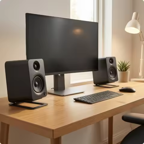 2 Pieces Desktop Speaker Stand Low-Profile Speaker Stand with Vibration Pads Compact Space-Saving fo