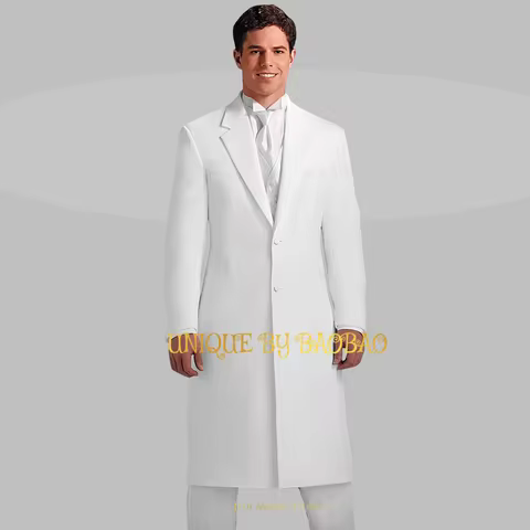 Men's Long Duster 2-piece Tuxedo (Jacket + Pants) Nice Vintage White 2 Button Coat for Winter Weddin