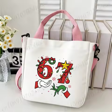 67 Christmas Tote Bag Funny Six Seven Meme Canvas Shoulder Bags Trendy Santa Christmas Bag, Xmas 6 7
