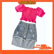 Casual Summer Irregular Fashion Denim Set Bubble sleeved top+denim skirt Two piece set for kids girl
