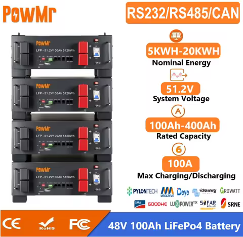 POWMR 48V 100Ah LiFePO4 Battery Server Rack Battery 5kWh Stackable Battery with Built-in 100A BMS 4S
