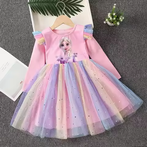 New Princess Dress Girls Dress Long-sleeved For Children's Party Clothes Elsa Frozen Dress Spring Au