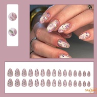 Cat Eyes Almond Fake Nails with Flower Printed Lightweight and Easy to Stick Fake Nail