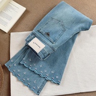 Embroidered Flared Jeans Stretchy Slimmer Look Cropped Wide-Leg Pants