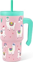 SANDJEST Llama Tumbler 20oz with Handle and Silicone Straw Lid for Kid, Insulated Stainless Steel Cu