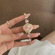 Pink Heart Rhinestone Quartz Wrist Watch for Women, Korean Coquette Sweet Fairycore Crystal Link Bra