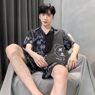 SY ชุดนอนผ้าซาตินไซส์ใหญ่พิเศษ ชุดนอนผู้ชาย ใหม่ ชุดนอนผู้ชายผ้าซาตินแขนสั้นขาสั้น