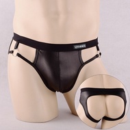 เซ็กซี่กลวงกางเกงบุรุษ Underwear PU หนัง Faux ระบายอากาศ Jockstrap กางเกง