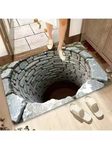3D Stone Well Illusion Floor Mat - Non-Slip, Washable Polyester, Indoor/Outdoor Use