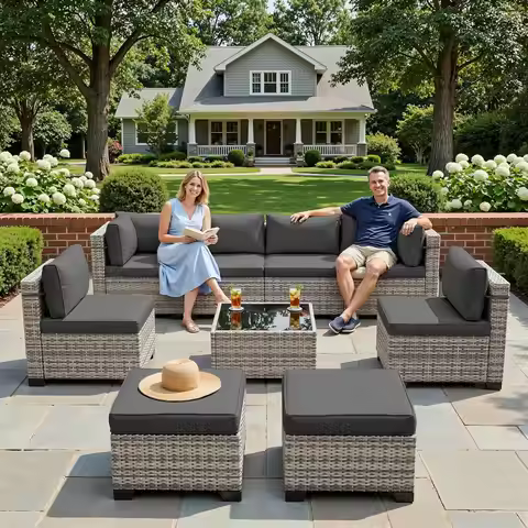 9-Piece Patio Furniture Set, Outdoor with Ottomans, Modular Patio Sofa, Dual-Strand Wicker Rattan