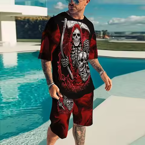 2024 Men's Suit Printed 3D Skull Pattern Oversized Men's Shirt Y2K Style T-Shirt Shorts Summer Leisu