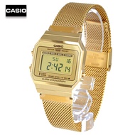 Velashop นาฬิกาข้อมือผู้หญิงคาสิโอ ดิจิตอล Casio Standard Digital Vintage สายถักแสตนเลสสีทอง รุ่น A-700WMG-9ADF, A-700WMG-9A, A-700WMG, A700WMG-9A, A700WMG