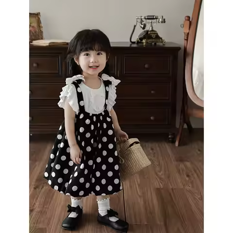 Baby Girl Dress Girls Suspender Pod Skirt 2024 Summer New Children Korean Polka Dot Casual Skirt Bab