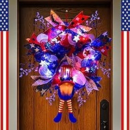 Lighted up 4th of July Wreaths with Bow, Red White and Blue Mesh Artificial Wreath, American Flag Wr