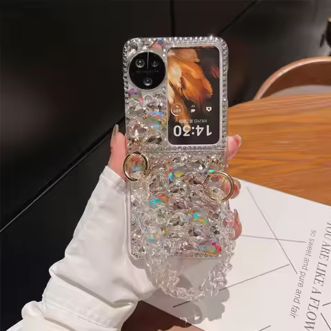 Shockproof Rhinestone Wrist Strap Phone Case, Fits OPPO Find N2, Flip, N3Flip, N3, 5G Telefon, Fashi