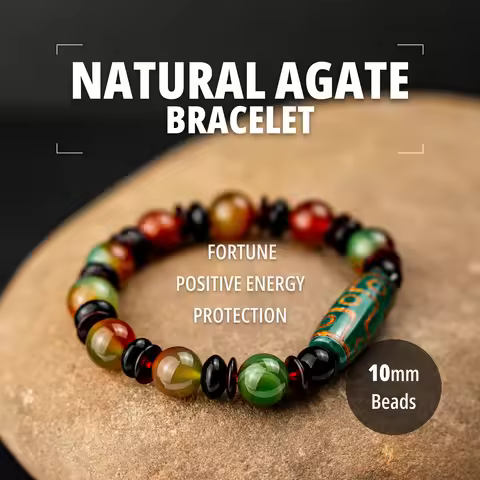 Natural Stone Bracelet 10mm Natural Agate Beads Bracelet with 9 Eye Dzi Bead Healing Stone Bracelet 