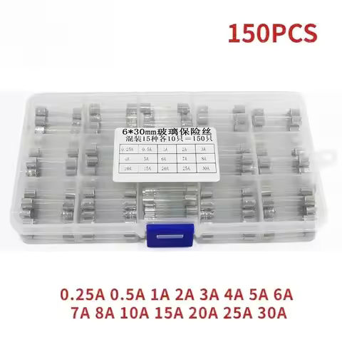 150PCS 6x30mm Glass Fuses Kit Car Glass Tube Fuse 0.25A 0.5A 1A 2A 3A 4A 5A 6A 7A 8A 10A 15A 20A 25A