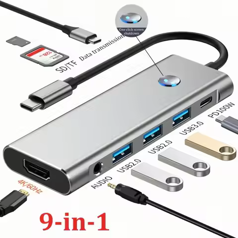 9-In-1 Type C Hub USB 3.0 Hub to HDMI 4K 60Hz Docking Station Splitter USB-A PD 100W SD TF 3.5mm Ada