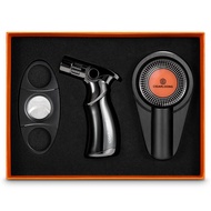 Demcigar Cigar Lighter and Cutter Ashtray Set Alloy Windproof 4 Flame Inflatable Lighter Sharp Blade
