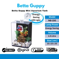 [ 1.5 L ] Betta Guppy Mini Aquarium Tank – Small Fish Bowl with Filter & LED Light (Desktop Aquarium