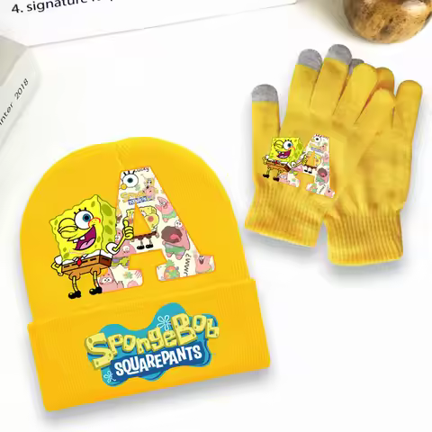 SpongeBob SquarePanted Child Glove Knitted Hat Set Anime Printed Touchscreen Gloves Woolen Cap Winte