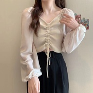 Malaysia Stock: V-Neck Knit Bubble Sleeve Chiffon Top with Drawstring - Women's Western Style from A