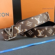 Water Ripple LV alloy buckle graffiti coffee color printed two-layer cowhide business men's belt