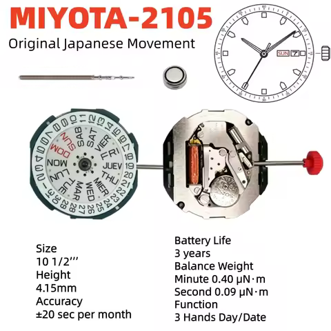 2105 Movement Miyota 2105 Standard Movement with Day-date Display Japan Movement Spain and English 2