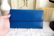法國名牌LOUIS VUITTON LV中古優質 藍色竹節紋真皮三摺錢包銀包