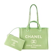 CHANEL 經典Deauville帆布鏈帶托特包(草綠色)/平行輸入
